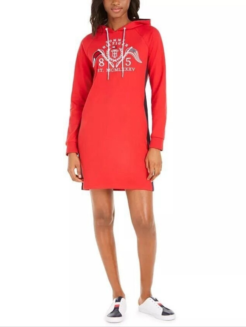 Womens Tommy Hilfiger Red Hoodie Graphic Crest Long Sleeve Sporty Dress- S